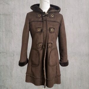 Rothschild Brown Faux Suede Toggle Coat Hooded Fur Lined Jacket Girls L (14) Kid